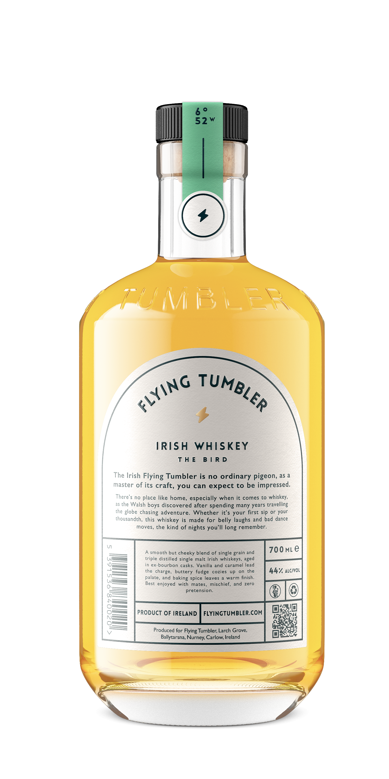 Back label of Flying Tumbler The Bird Irish whiskey, showing the bottling strength, non-chill filtered and no added colouring details that indicate a premium whiskey