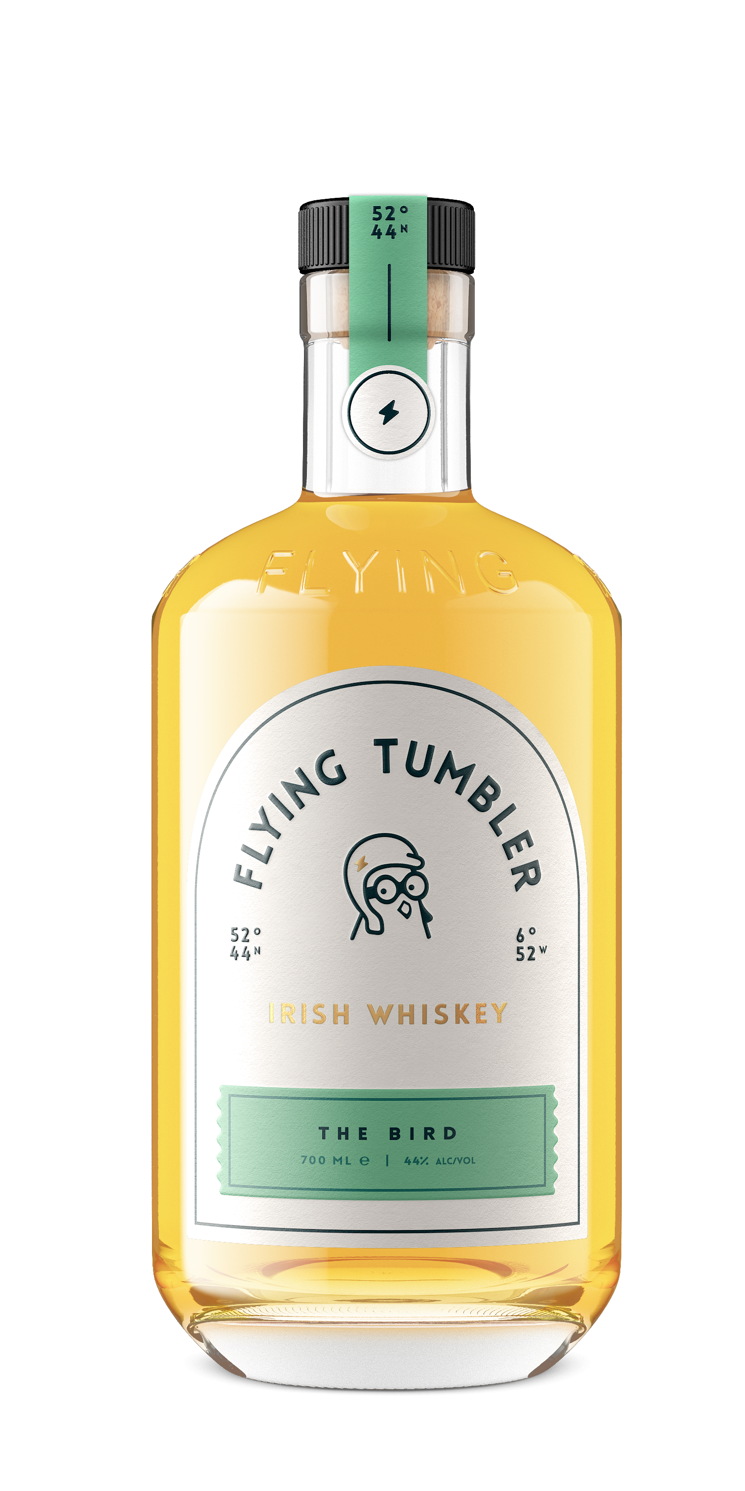 Bottle of Flying Tumbler The Bird premium Irish whiskey, a triple distilled non-chill filtered blend bottled at 44% ABV