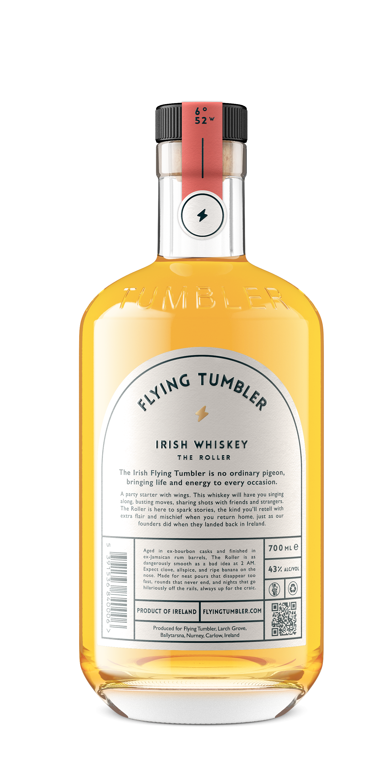 The back label of The Roller Irish whiskey, showing bottling strength and non-chill filtration details