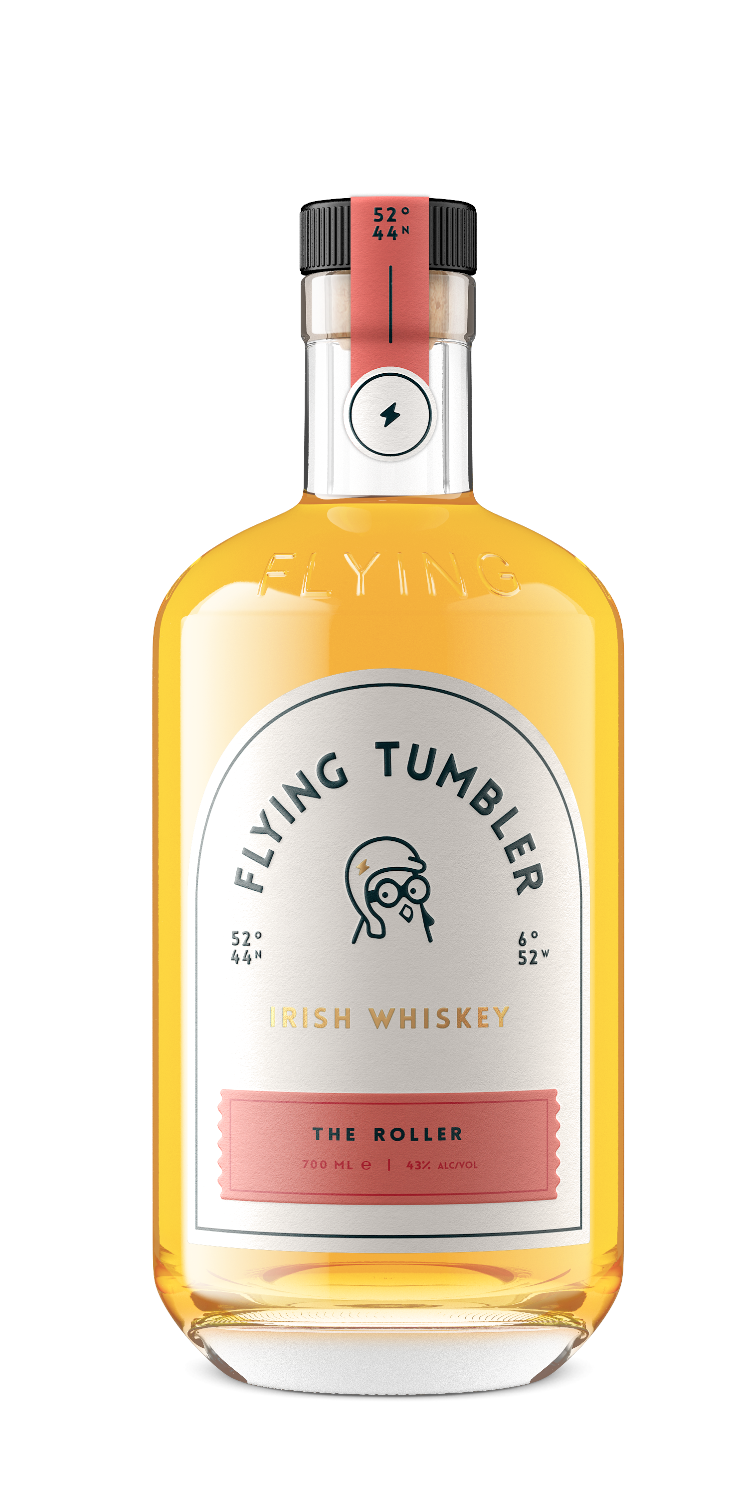 A bottle of The Roller Irish whiskey by Flying Tumbler, a blend of single malt and single grain